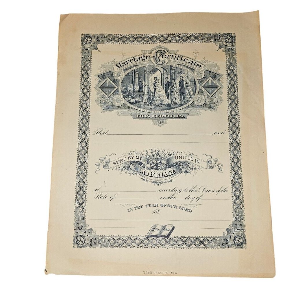 Antique 1895 Marriage Certificate Wall Art Unused Floral New York 11 X 14‎